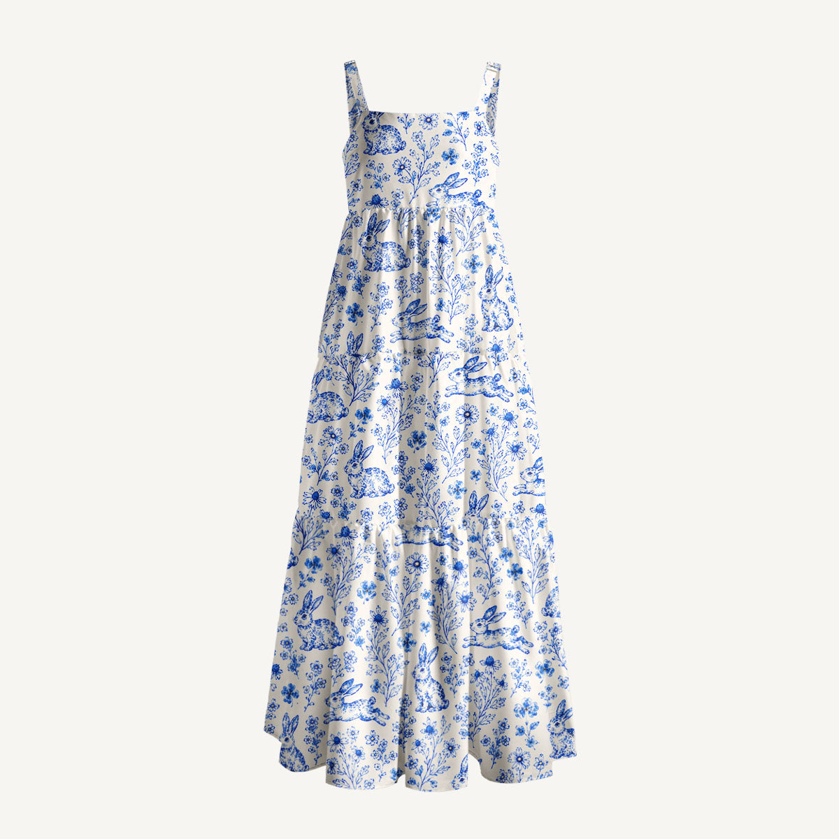 Blue Meadow Bunnies Print Wide Straps Maxi Dress With Pockets