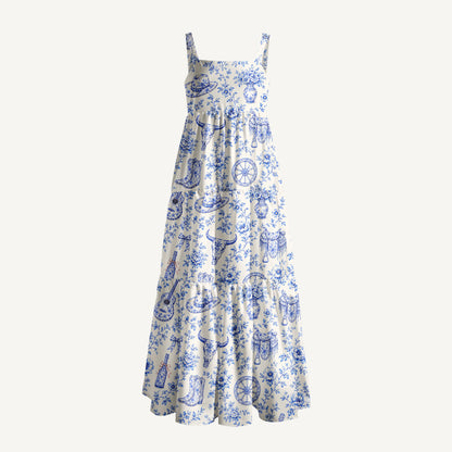 Blue Prairie Toile Print Wide Straps Maxi Dress With Pockets