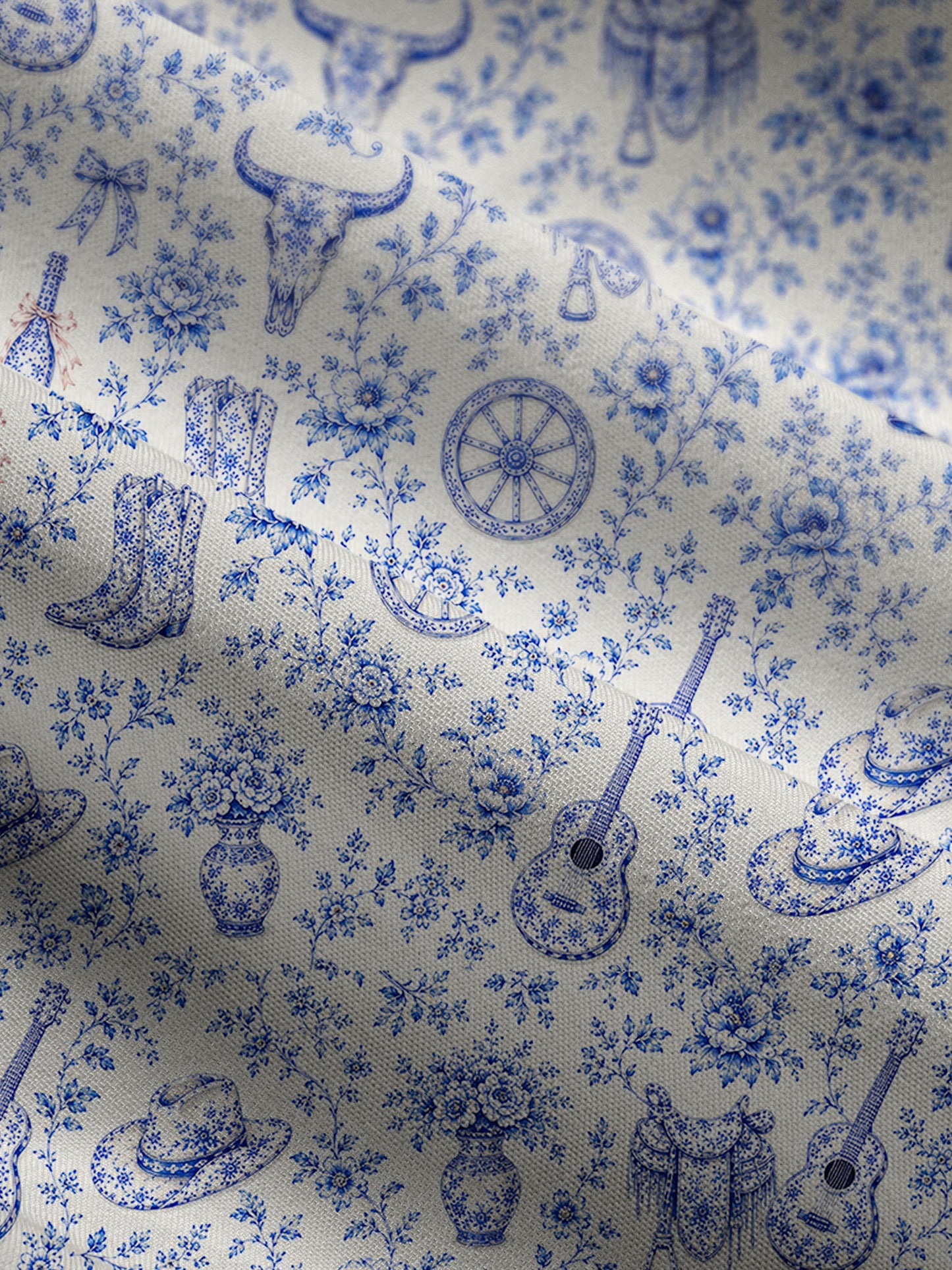 V Neck Collared Blue Prairie Toile Print Casual Midi Dress With Pockets