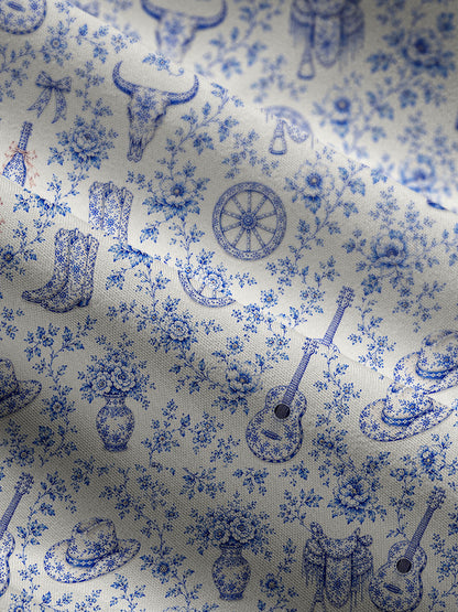 V Neck Collared Blue Prairie Toile Print Casual Midi Dress With Pockets
