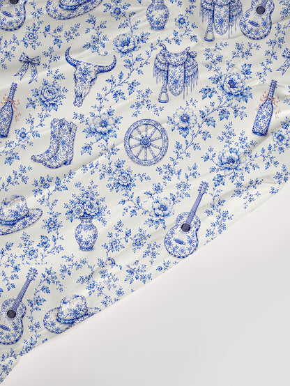 V Neck Collared Blue Prairie Toile Print Casual Midi Dress With Pockets