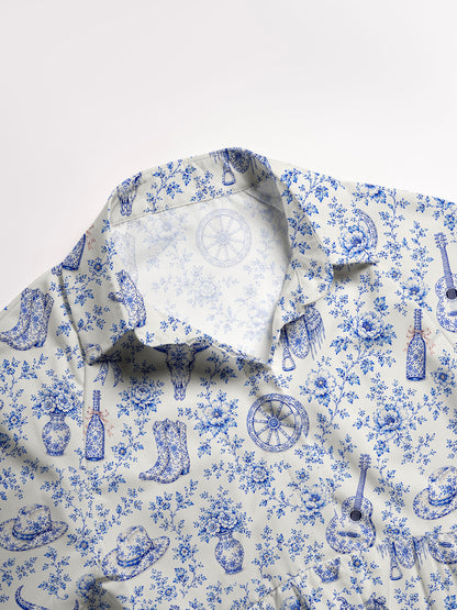 V Neck Collared Blue Prairie Toile Print Casual Midi Dress With Pockets