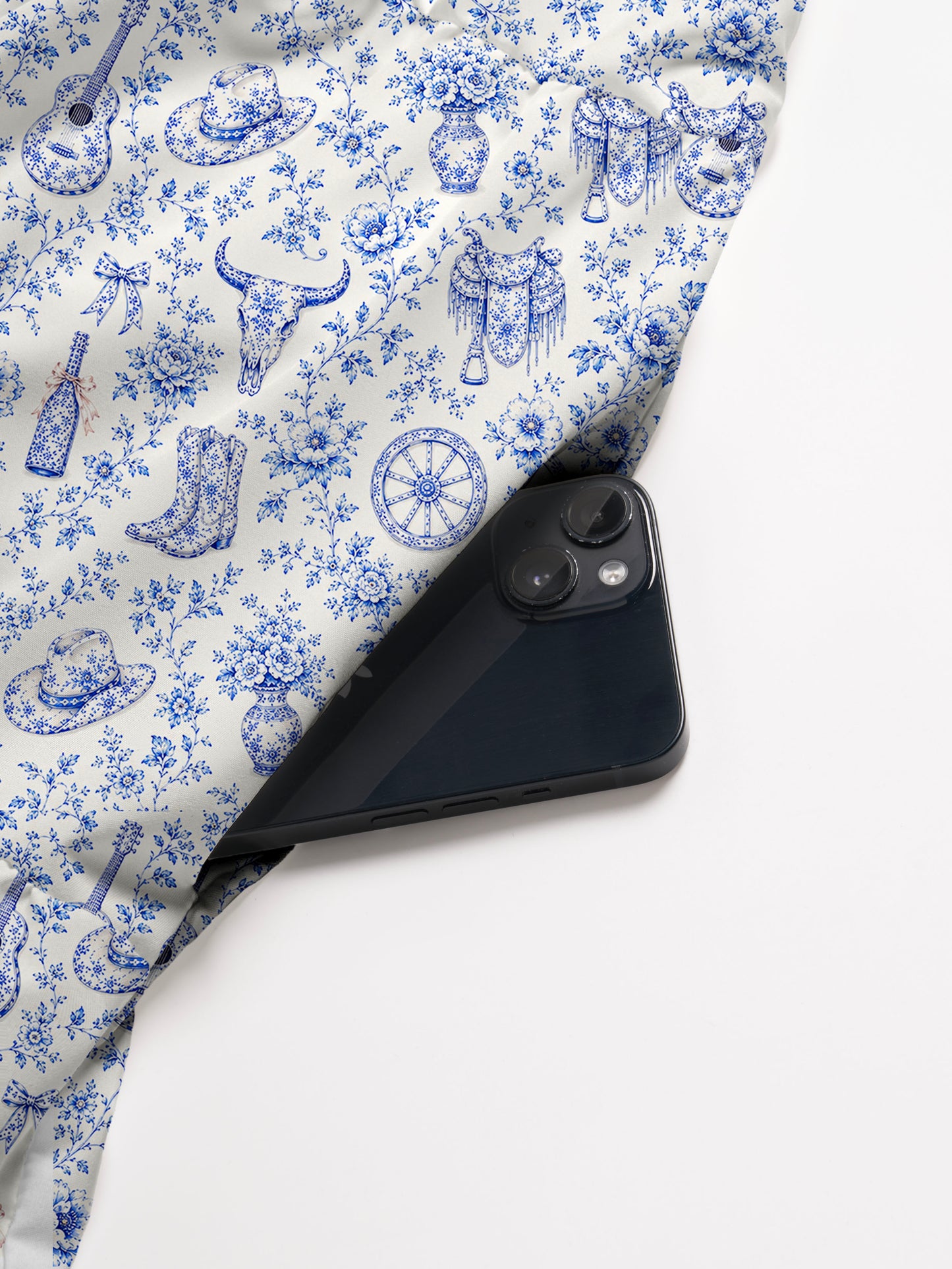V Neck Collared Blue Prairie Toile Print Casual Midi Dress With Pockets