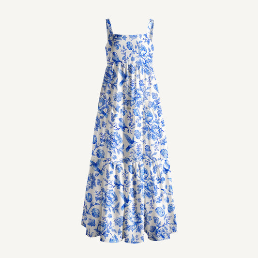 Bluebird Blossom Toile Print Wide Straps Maxi Dress With Pockets