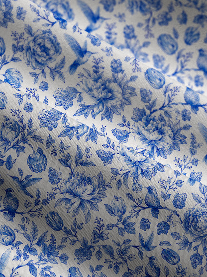 V Neck Collared Bluebird Blossom Toile Print Casual Midi Dress With Pockets