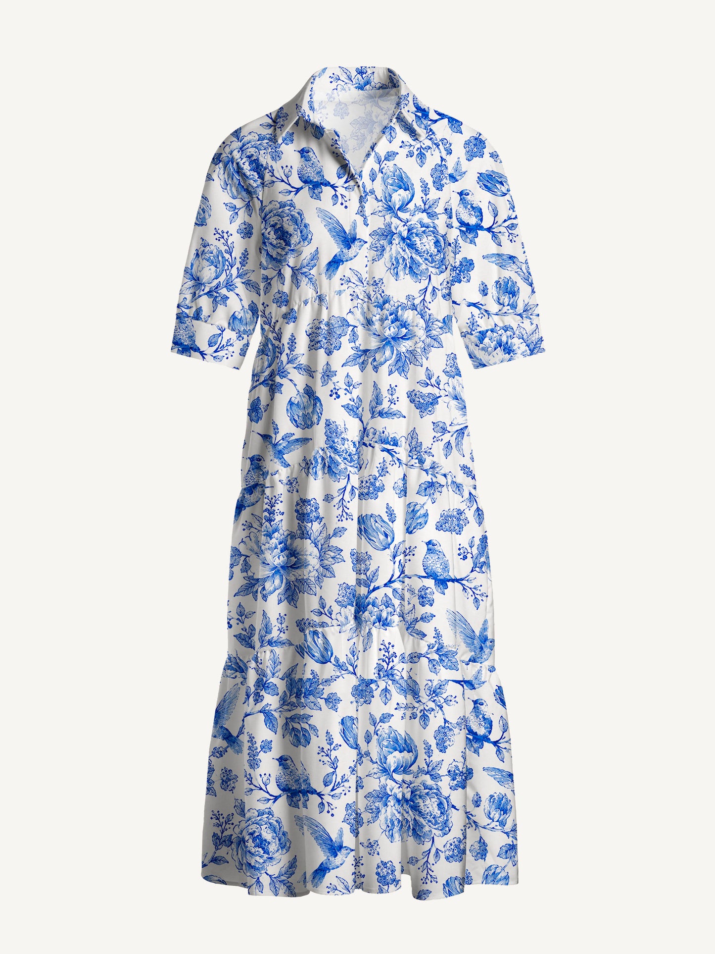V Neck Collared Bluebird Blossom Toile Print Casual Midi Dress With Pockets