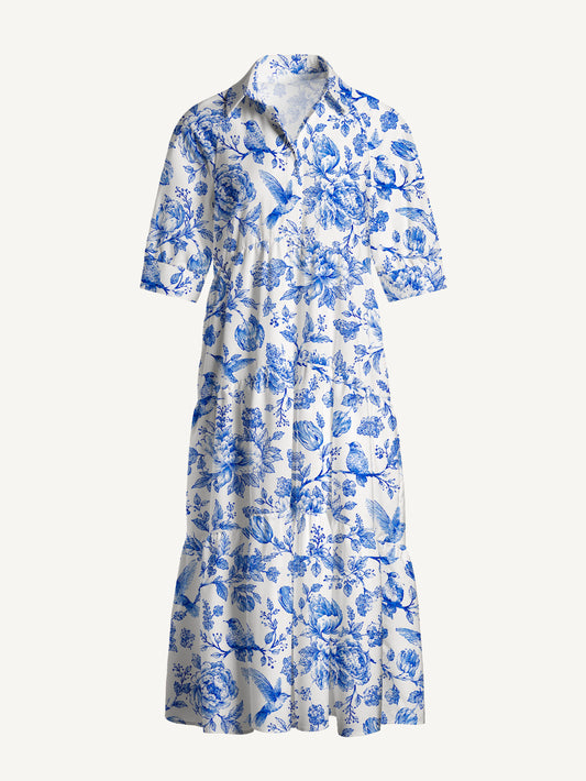 V Neck Collared Bluebird Blossom Toile Print Casual Midi Dress With Pockets