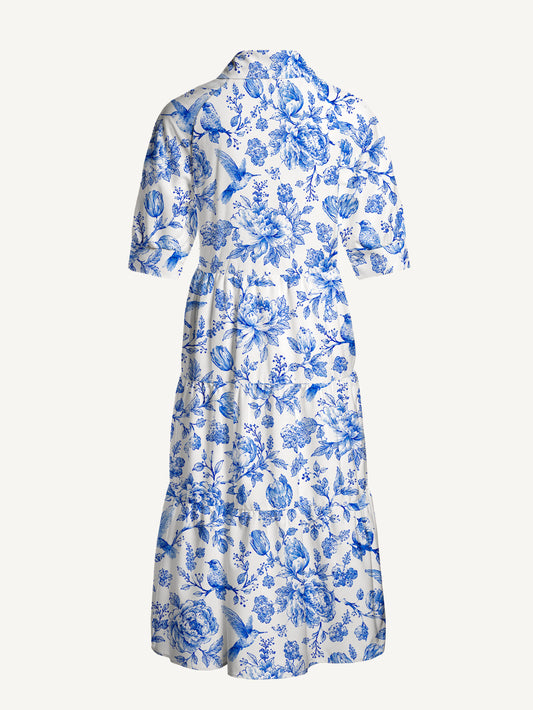 V Neck Collared Bluebird Blossom Toile Print Casual Midi Dress With Pockets