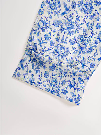 V Neck Collared Bluebird Blossom Toile Print Casual Midi Dress With Pockets