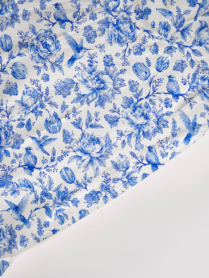 V Neck Collared Bluebird Blossom Toile Print Casual Midi Dress With Pockets