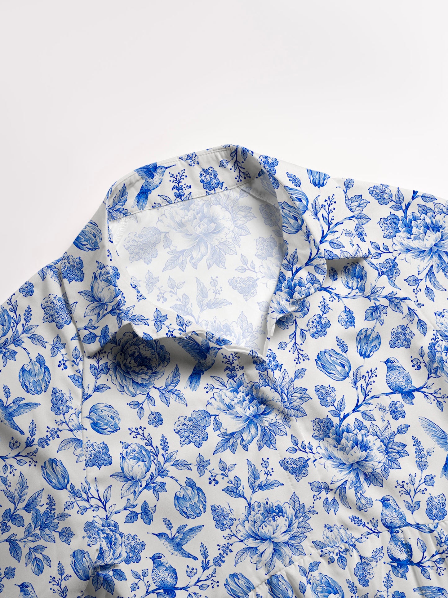 V Neck Collared Bluebird Blossom Toile Print Casual Midi Dress With Pockets