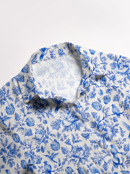 V Neck Collared Bluebird Blossom Toile Print Casual Midi Dress With Pockets