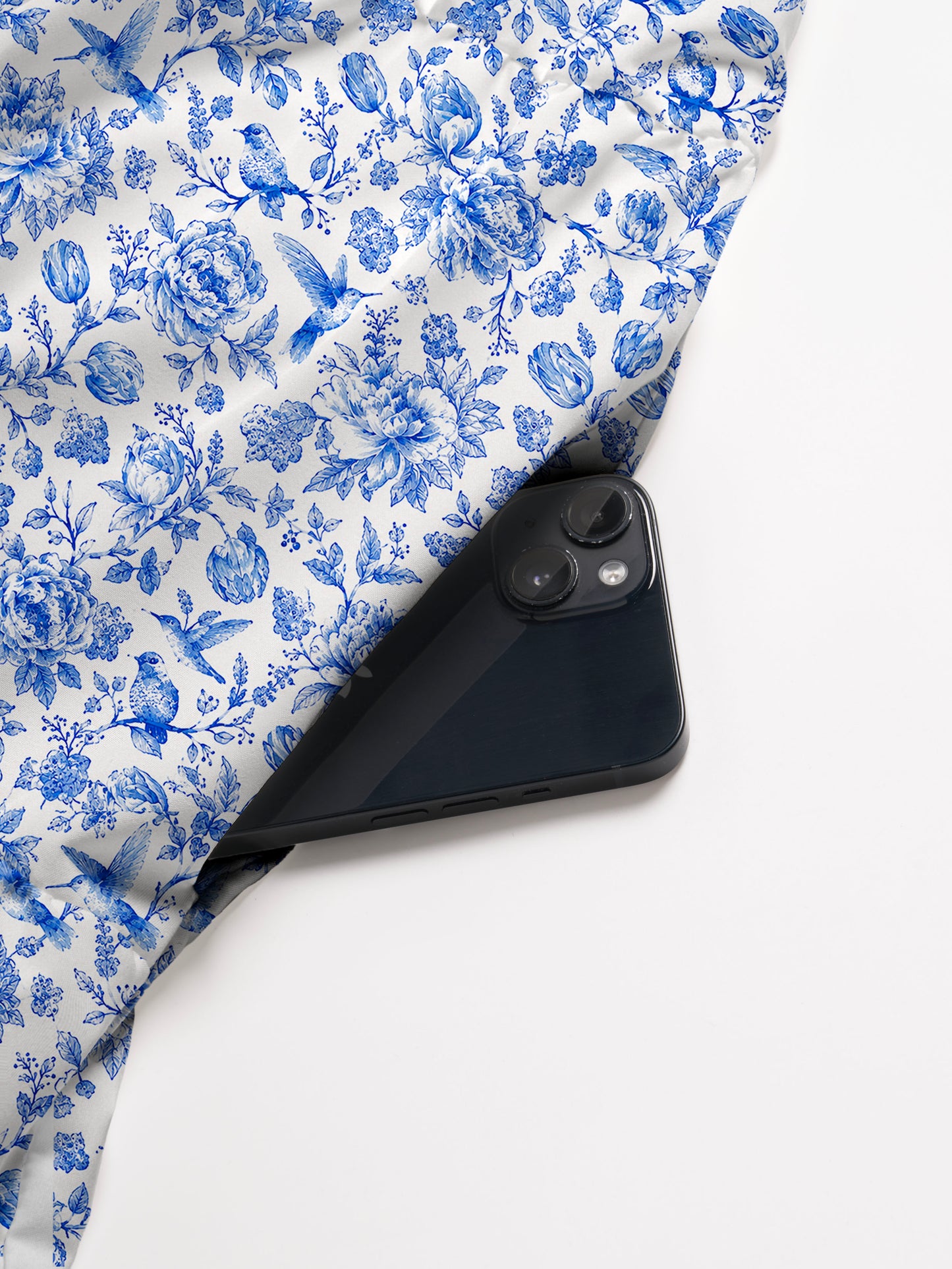 V Neck Collared Bluebird Blossom Toile Print Casual Midi Dress With Pockets