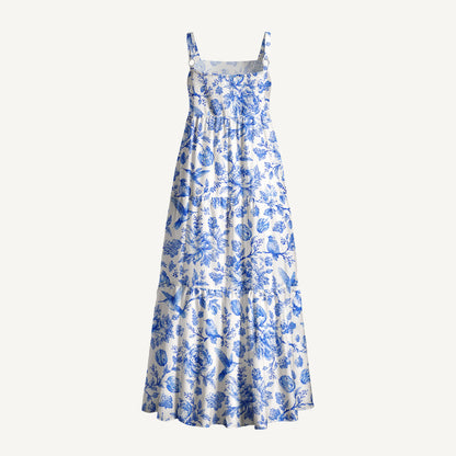 Bluebird Blossom Toile Print Wide Straps Maxi Dress With Pockets