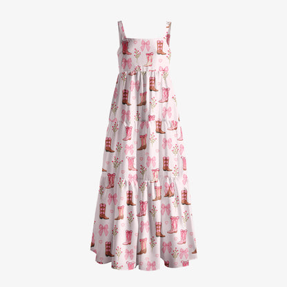 Blush Bow Cowgirl Boots Floral Print Wide Straps Maxi Dress With Pockets