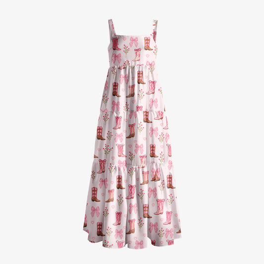 Blush Bow Cowgirl Boots Floral Print Wide Straps Maxi Dress With Pockets