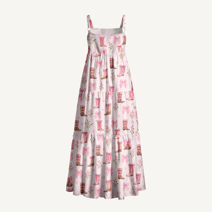Blush Bow Cowgirl Boots Floral Print Wide Straps Maxi Dress With Pockets