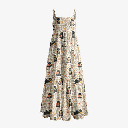 Books Blooms and Black Cats Print Wide Straps Maxi Dress With Pockets