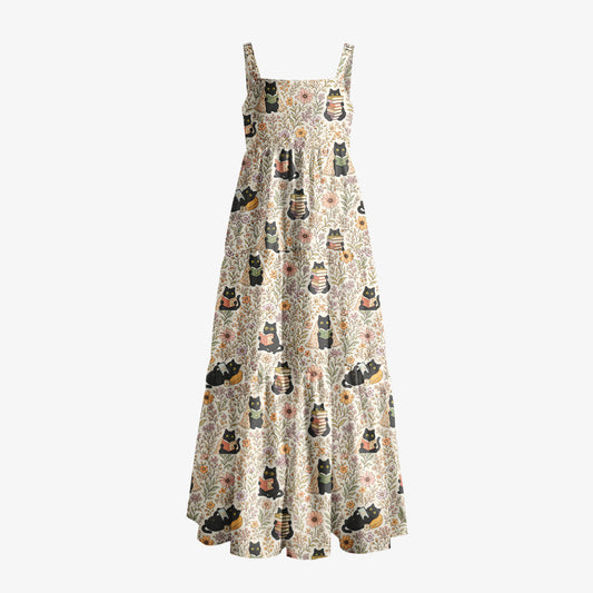 Books Blooms and Black Cats Print Wide Straps Maxi Dress With Pockets