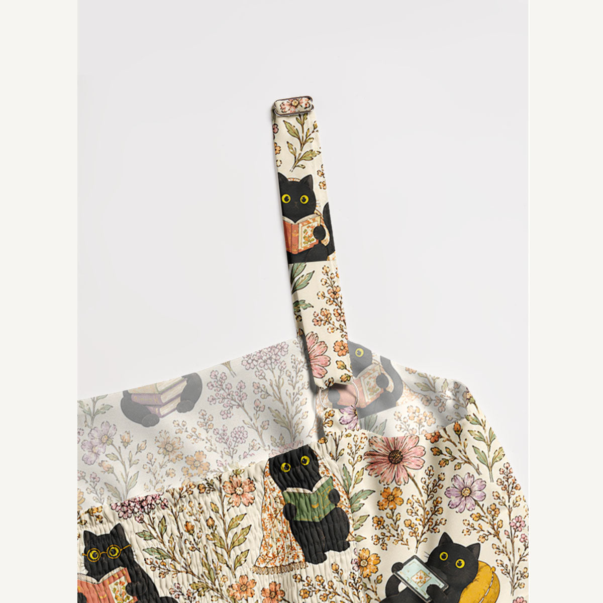 Books Blooms and Black Cats Print Wide Straps Maxi Dress With Pockets