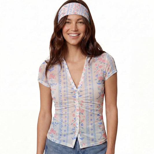Blue Rose Print Boho Bandeau Headband