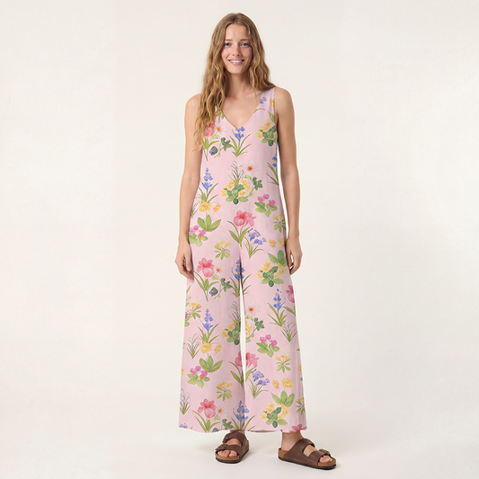 V-Neck Delicate Blossom Boho Jumpsuit with Pockets for Women