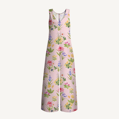 V-Neck Delicate Blossom Boho Jumpsuit with Pockets for Women