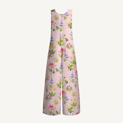 V-Neck Delicate Blossom Boho Jumpsuit with Pockets for Women