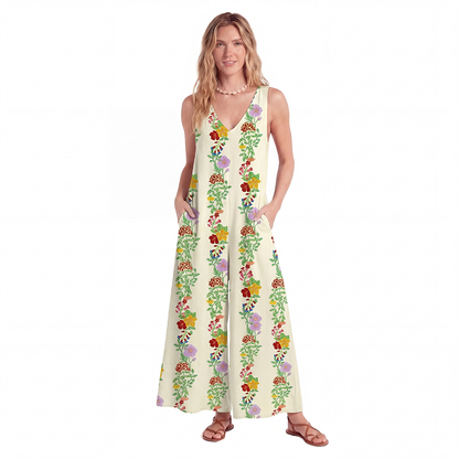 V-Neck Blossom Trail Boho Jumpsuit with Pockets for Women