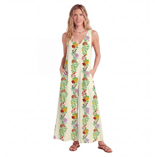 V-Neck Blossom Trail Boho Jumpsuit with Pockets for Women