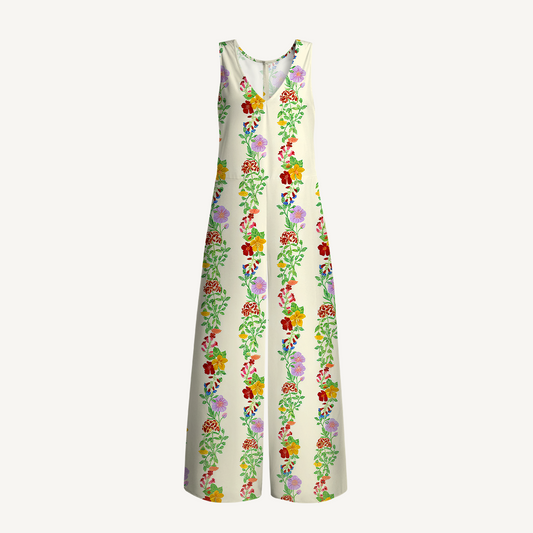 V-Neck Blossom Trail Boho Jumpsuit with Pockets for Women
