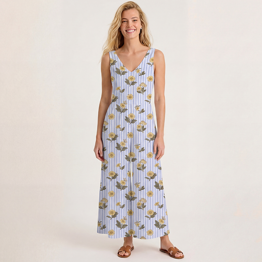 V-Neck Blue Marigold Boho Jumpsuit with Pockets for Women