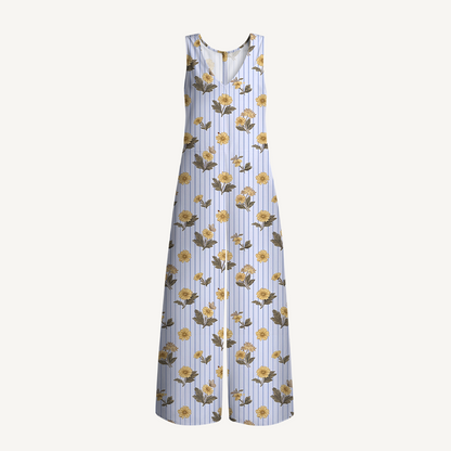 V-Neck Blue Marigold Boho Jumpsuit with Pockets for Women