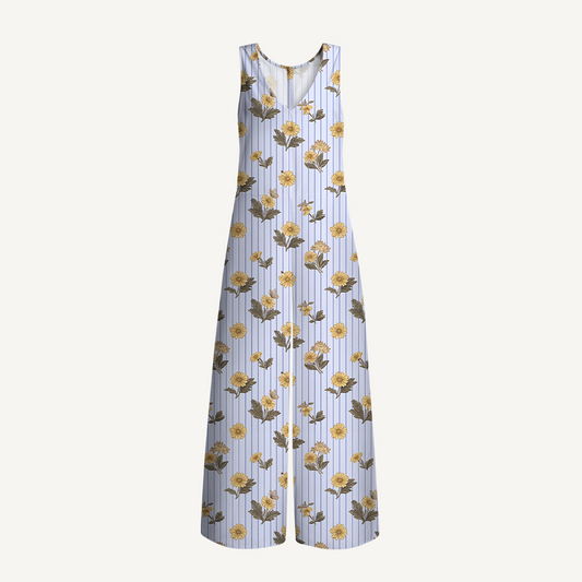 V-Neck Blue Marigold Boho Jumpsuit with Pockets for Women