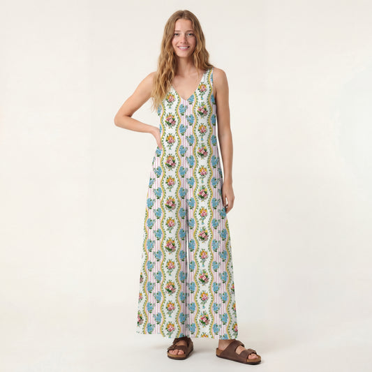 V-Neck Vintage Bouquet Rose Jumpsuit with Pockets for Women