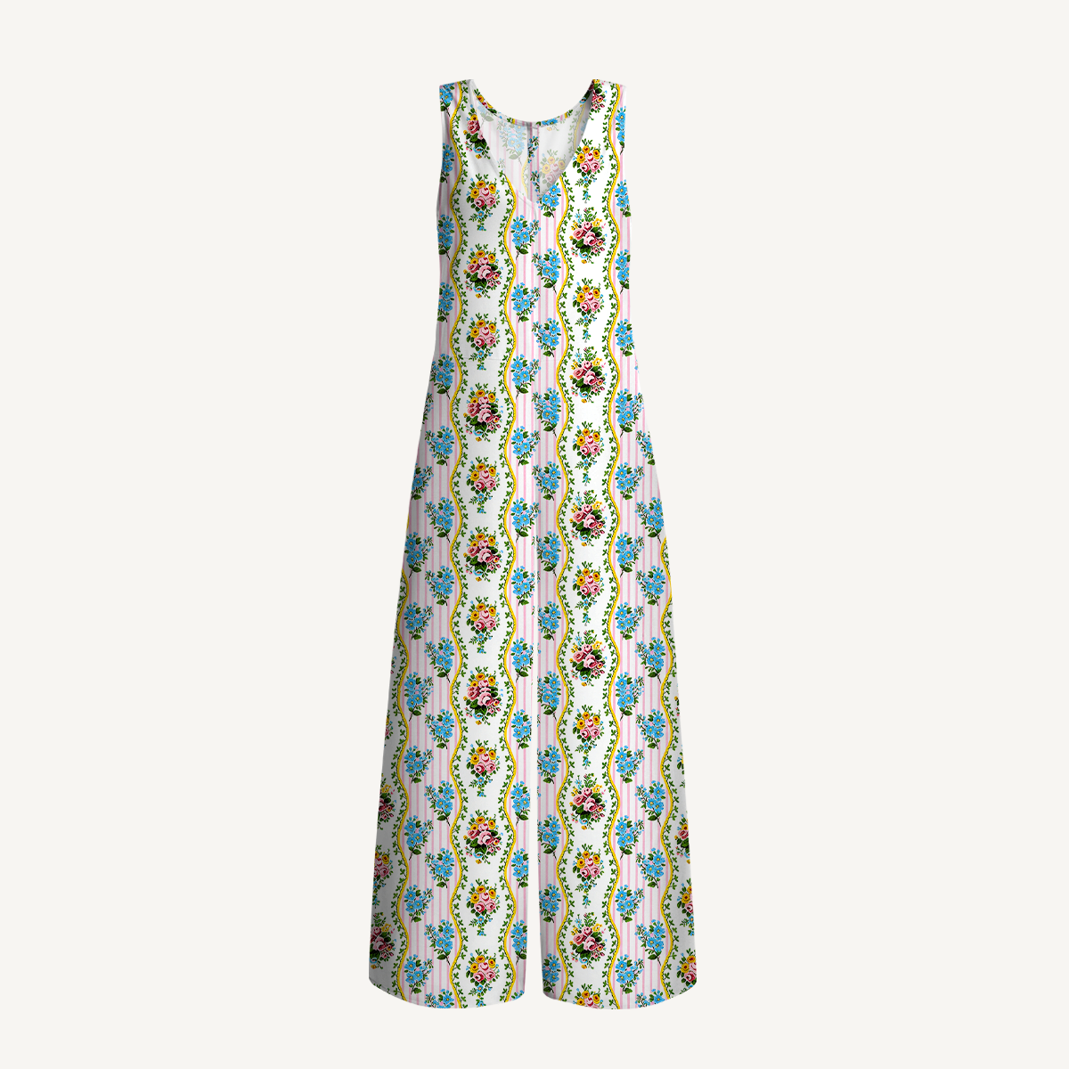 V-Neck Vintage Bouquet Rose Jumpsuit with Pockets for Women
