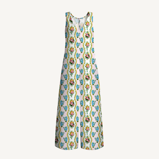 V-Neck Vintage Bouquet Rose Jumpsuit with Pockets for Women