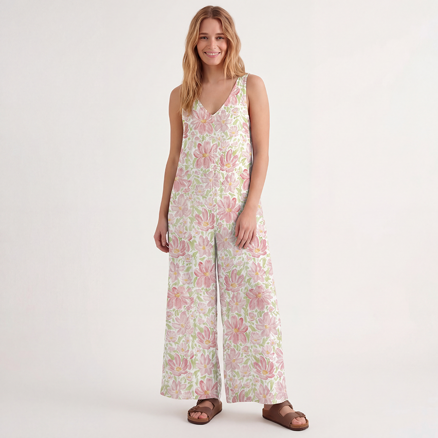 V-Neck Dahlia Boho Jumpsuit with Pockets for Women