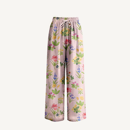 Boho Delicate Blossom Wide Leg Tie Waist Pants With Pockets