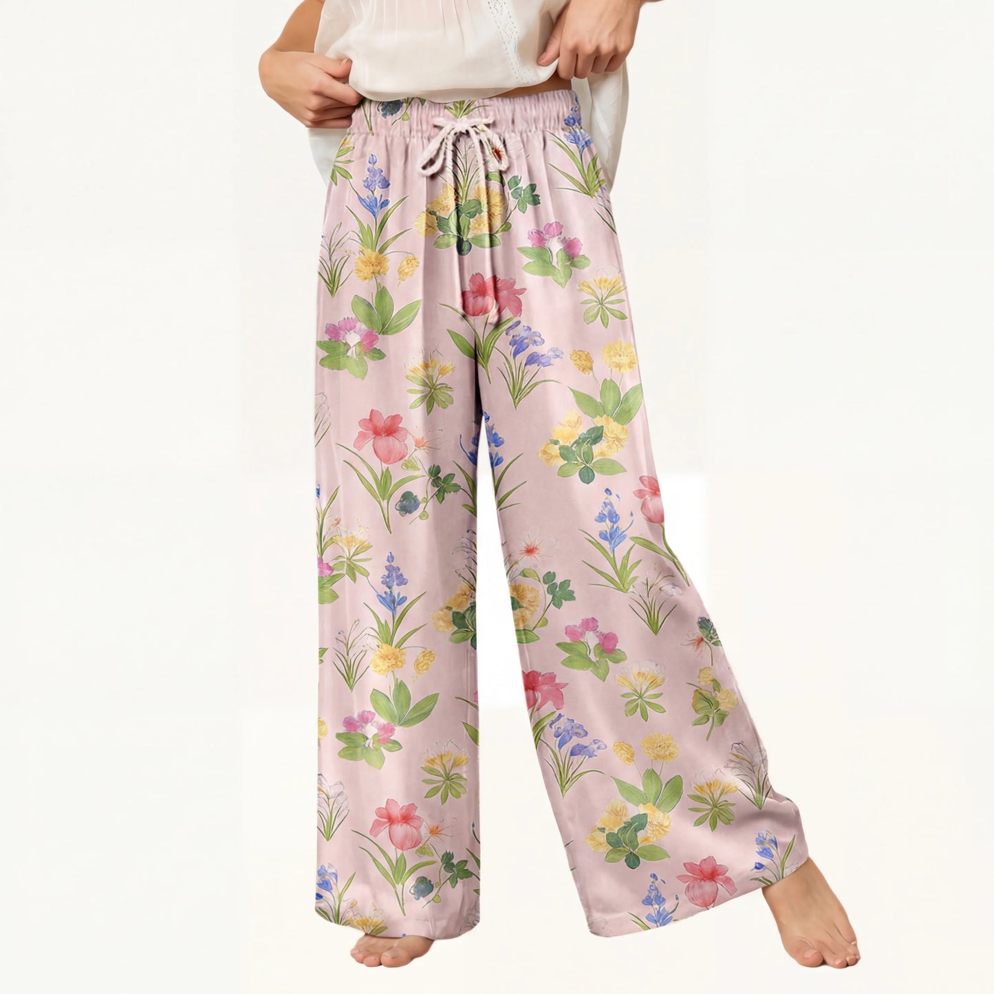 Boho Delicate Blossom Wide Leg Tie Waist Pants With Pockets