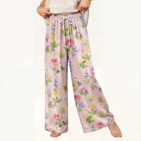 Boho Delicate Blossom Wide Leg Tie Waist Pants With Pockets