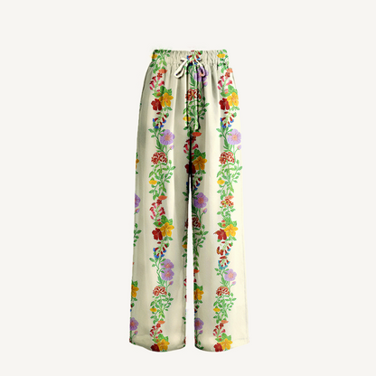 Boho Blossom Trail Wide Leg Tie Waist Pants With Pockets
