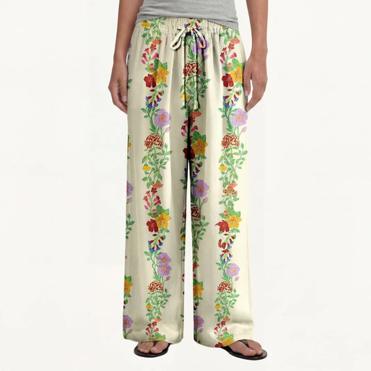 Boho Blossom Trail Wide Leg Tie Waist Pants With Pockets