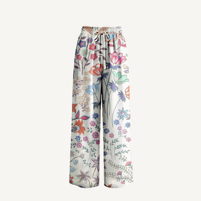 Boho Bohemian Wildflower Garden Wide Leg Tie Waist Pants With Pockets