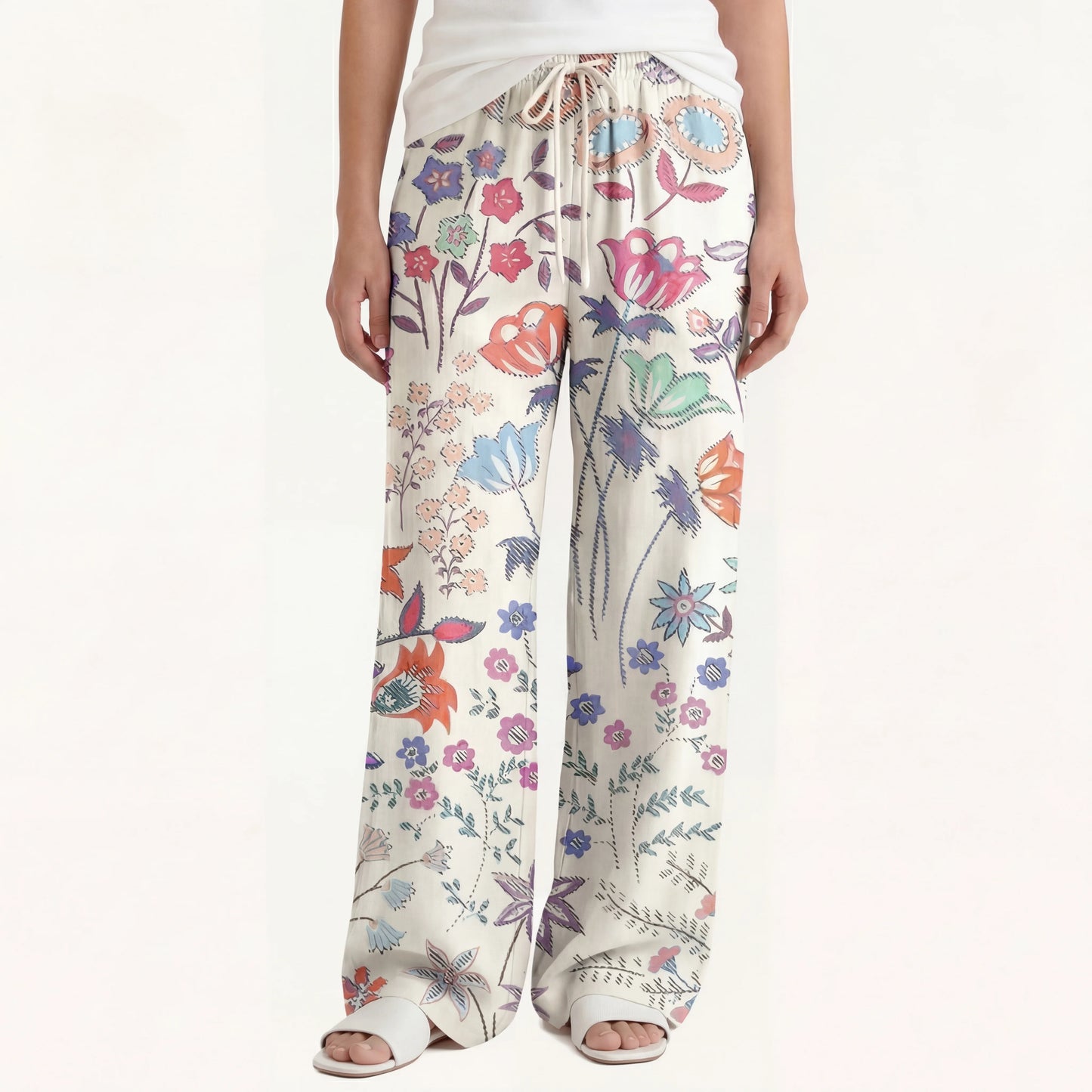 Boho Bohemian Wildflower Garden Wide Leg Tie Waist Pants With Pockets