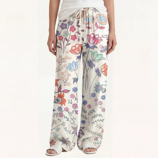 Boho Bohemian Wildflower Garden Wide Leg Tie Waist Pants With Pockets