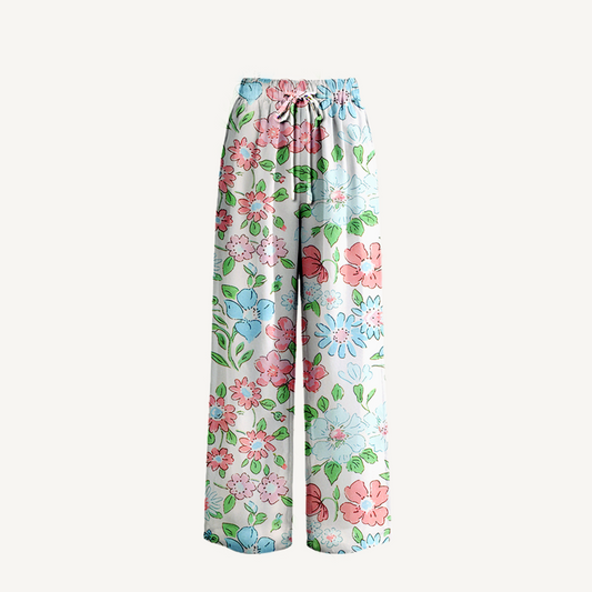 Boho Pastel Cottage Floral Wide Leg Tie Waist Pants With Pockets
