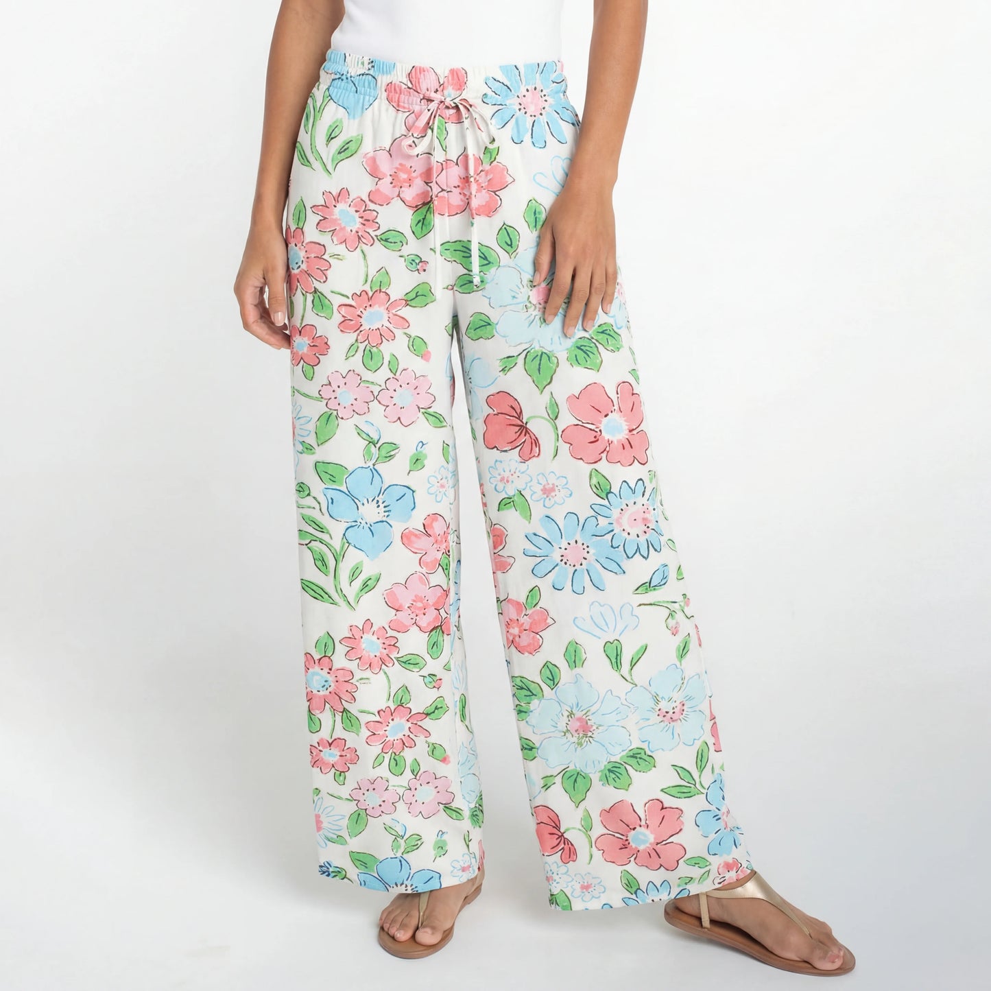 Boho Pastel Cottage Floral Wide Leg Tie Waist Pants With Pockets