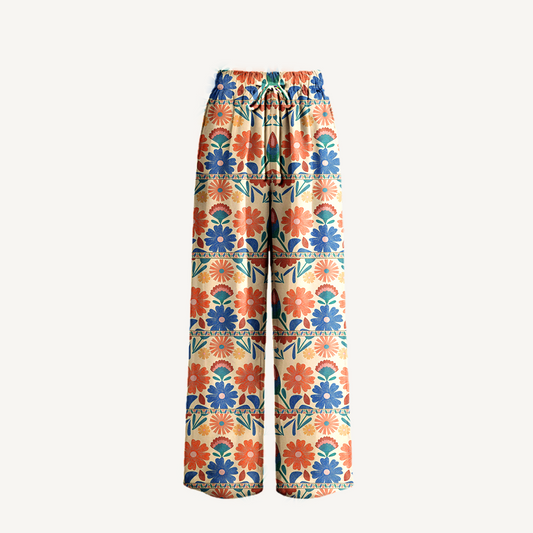 Boho Bohemian Folk Floral Stripe Wide Leg Tie Waist Pants With Pockets
