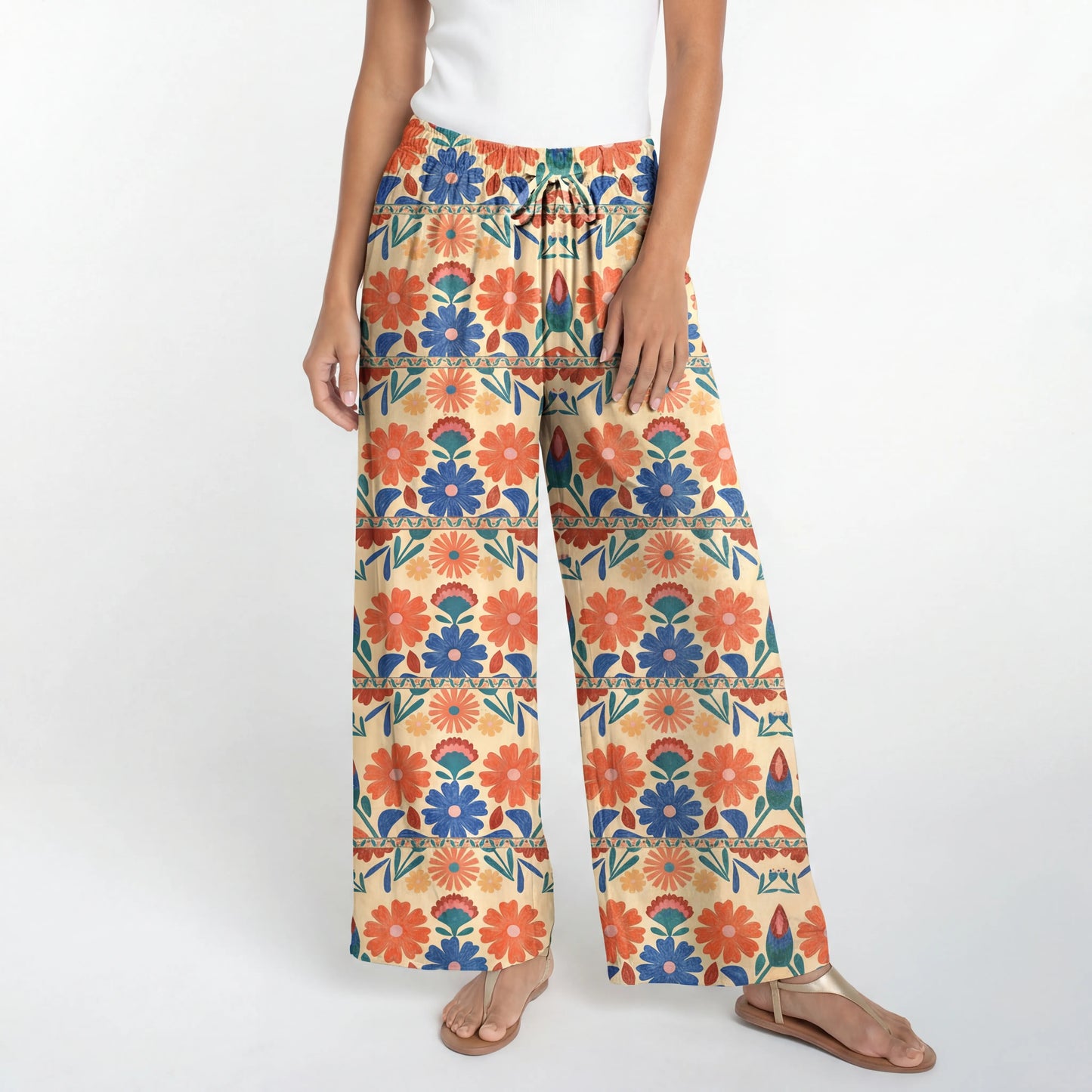 Boho Bohemian Folk Floral Stripe Wide Leg Tie Waist Pants With Pockets